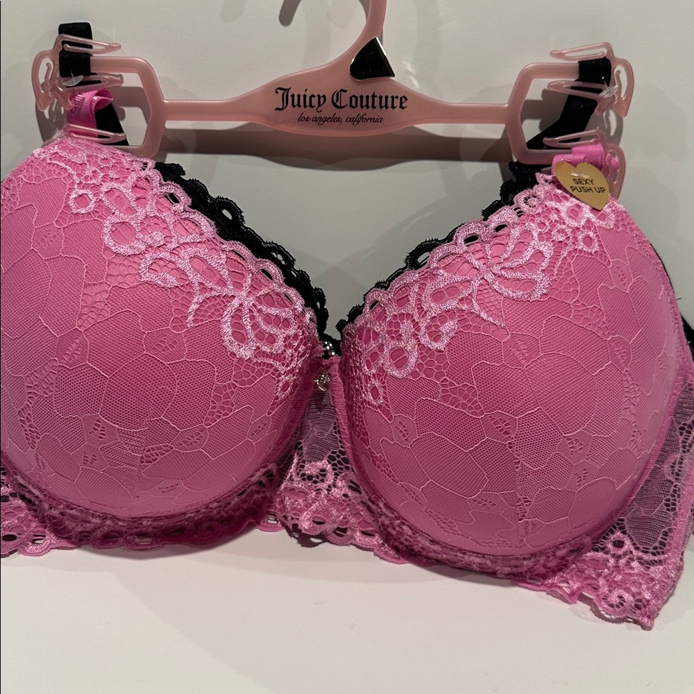 Juicy Couture Pink and Black Push-up (2) Set Lace Bra w/multi Adjustment back.